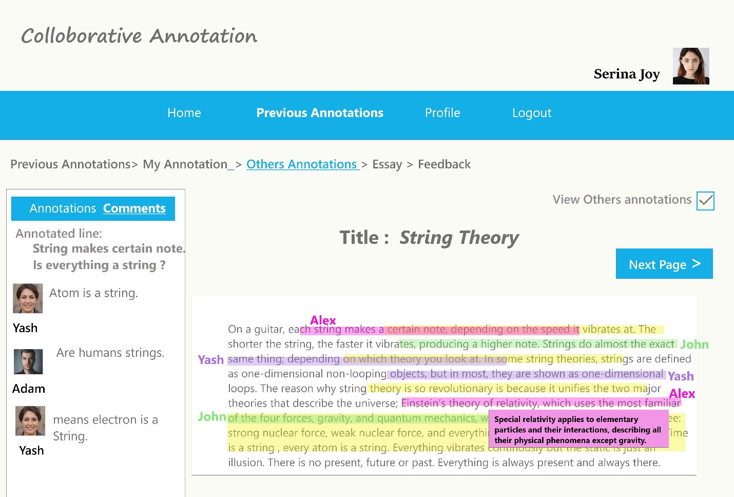 View others comments on previous annotation assignment