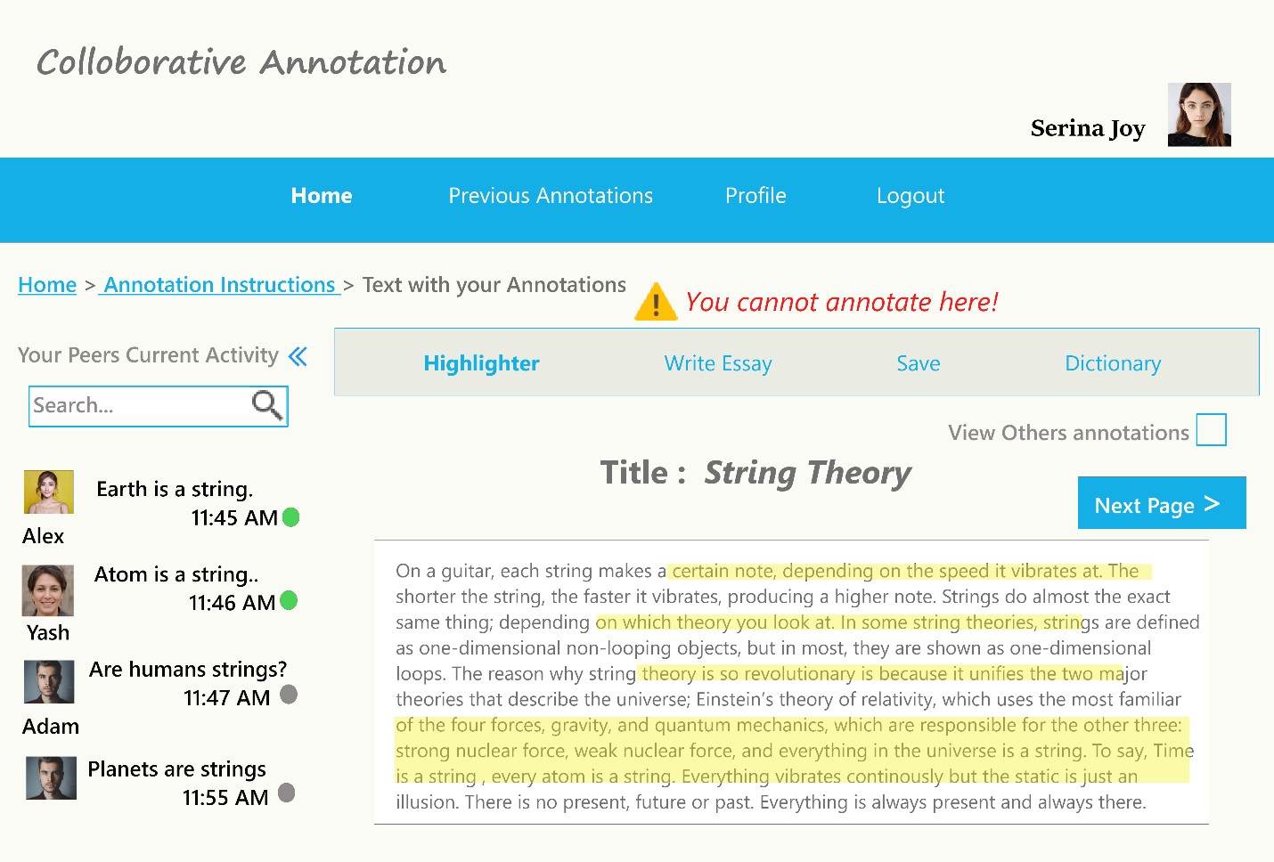 Text with only student(user) annotations